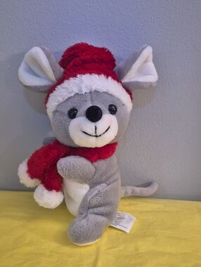 Sears Gray Plush Mouse with Red Santa Hat and Scarf
